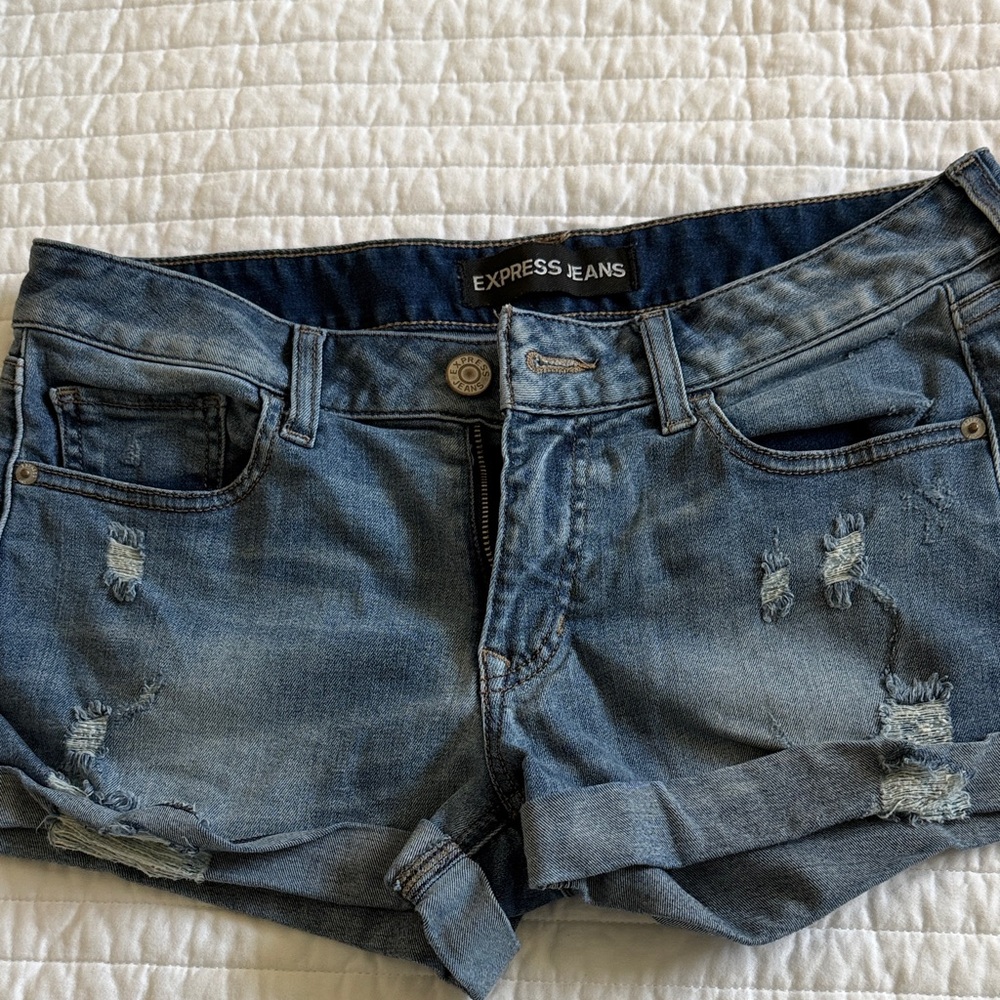 Express Women's Light Blue Distressed Denim Shorts